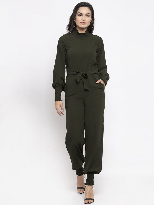 Jompers Women Olive Green Solid Basic Jumpsuit - Swadesiicart