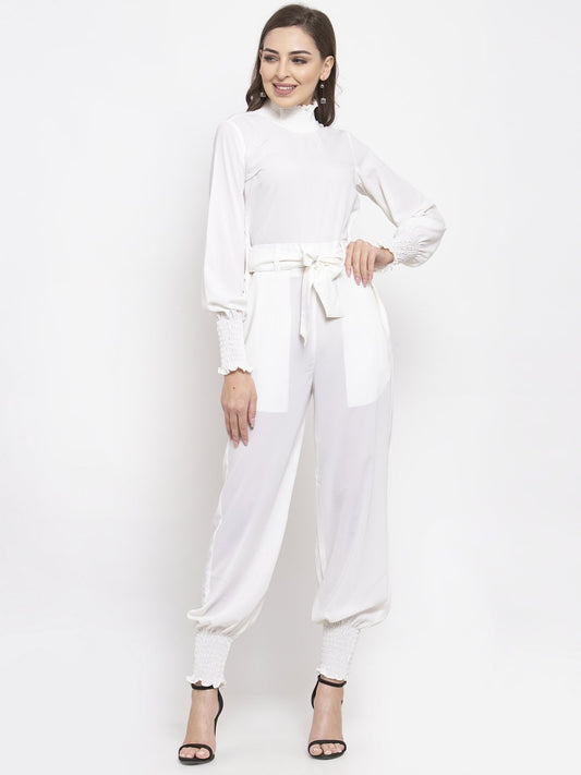 Jompers Women White Solid Basic Jumpsuit - Swadesiicart