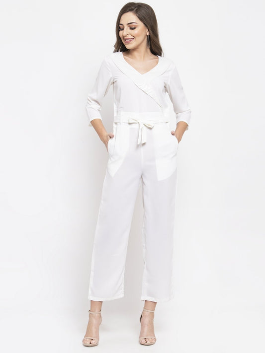 Jompers Women White Solid Jumpsuit with sequence on neck - Swadesiicart