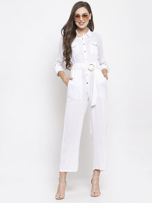 Jompers Women White Solid Jumpsuit - Swadesiicart
