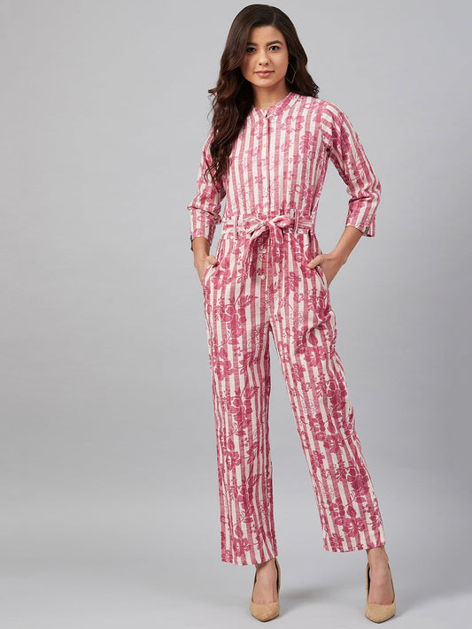 Jompers Women Off-White & Pink Striped Mandarin Collar Basic Jumpsuit - Swadesiicart