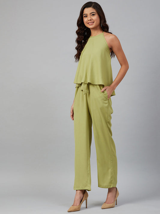 Jompers Women Green-Coloured Solid Halter Neck Basic Jumpsuit - Swadesiicart