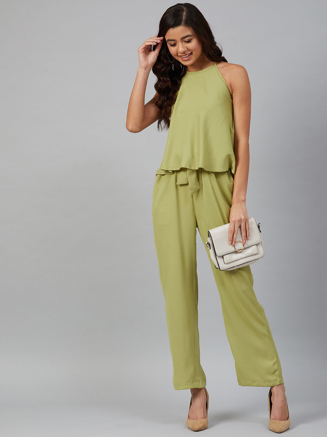 Jompers Women Green-Coloured Solid Halter Neck Basic Jumpsuit - Swadesiicart