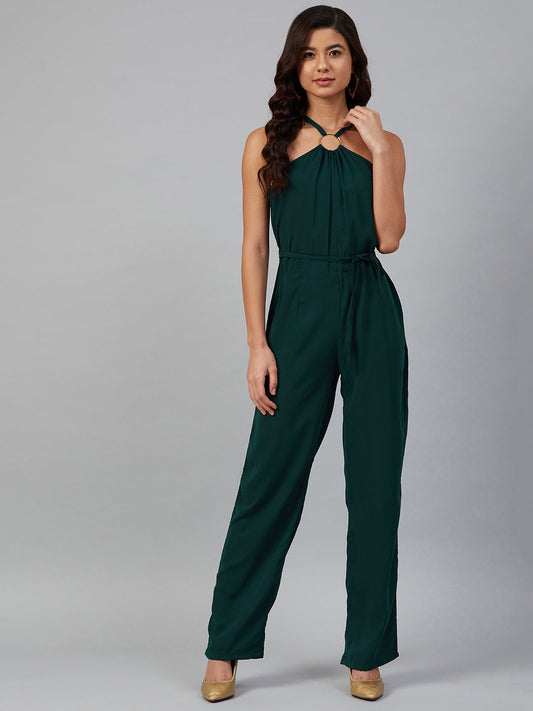 Jompers Women Green Solid Basic Halter Neck Basic Jumpsuit - Swadesiicart