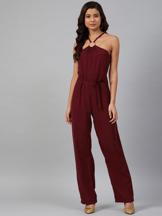 Jompers Women Maroon Solid Basic Halter Neck Basic Jumpsuit - Swadesiicart
