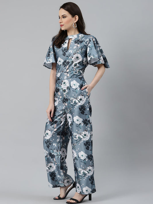 Jompers Women Grey & Off-White Printed Keyhole Neck Flared Sleeves Basic Jumpsuit - Swadesiicart