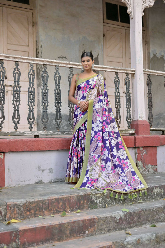 Vishnu Weaves Women's Navy-Blue Cotton Silk Printed Saree with Blouse - Swadesiicart