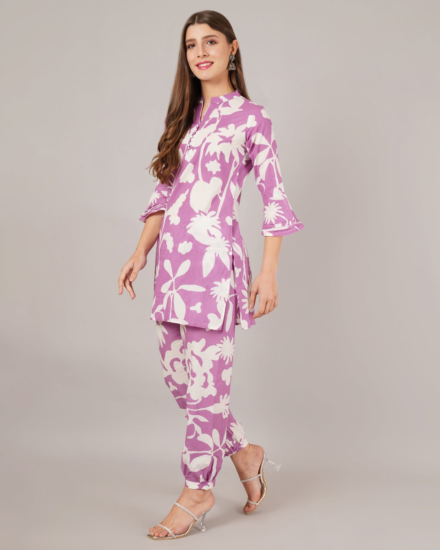 Jaitra Apparels White And Purple Printed Premium Pure Cotton Co-Ord Set For Women - Swadesiicart