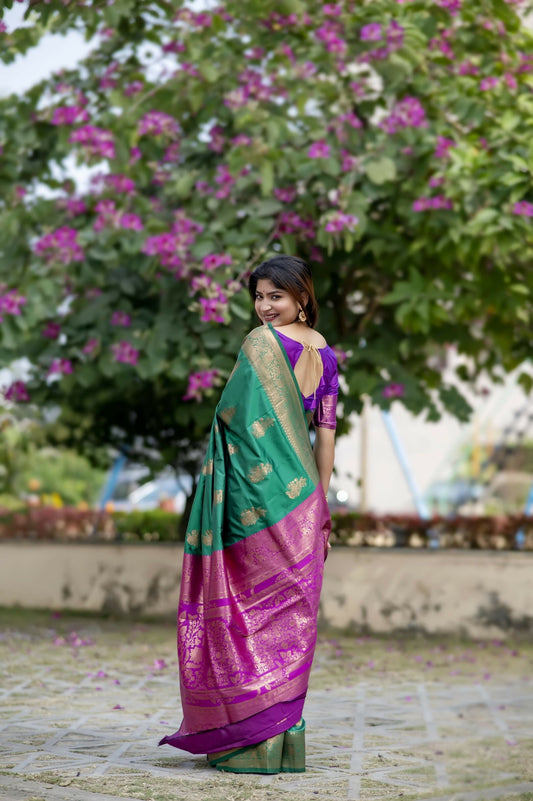 Vishnu Weaves Women's Green Banarasi Silk Saree with Blouse - Swadesiicart