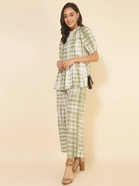 Janasya Women's Off White Cotton Tie & Dye Casual A-line Co-ords - Swadesiicart
