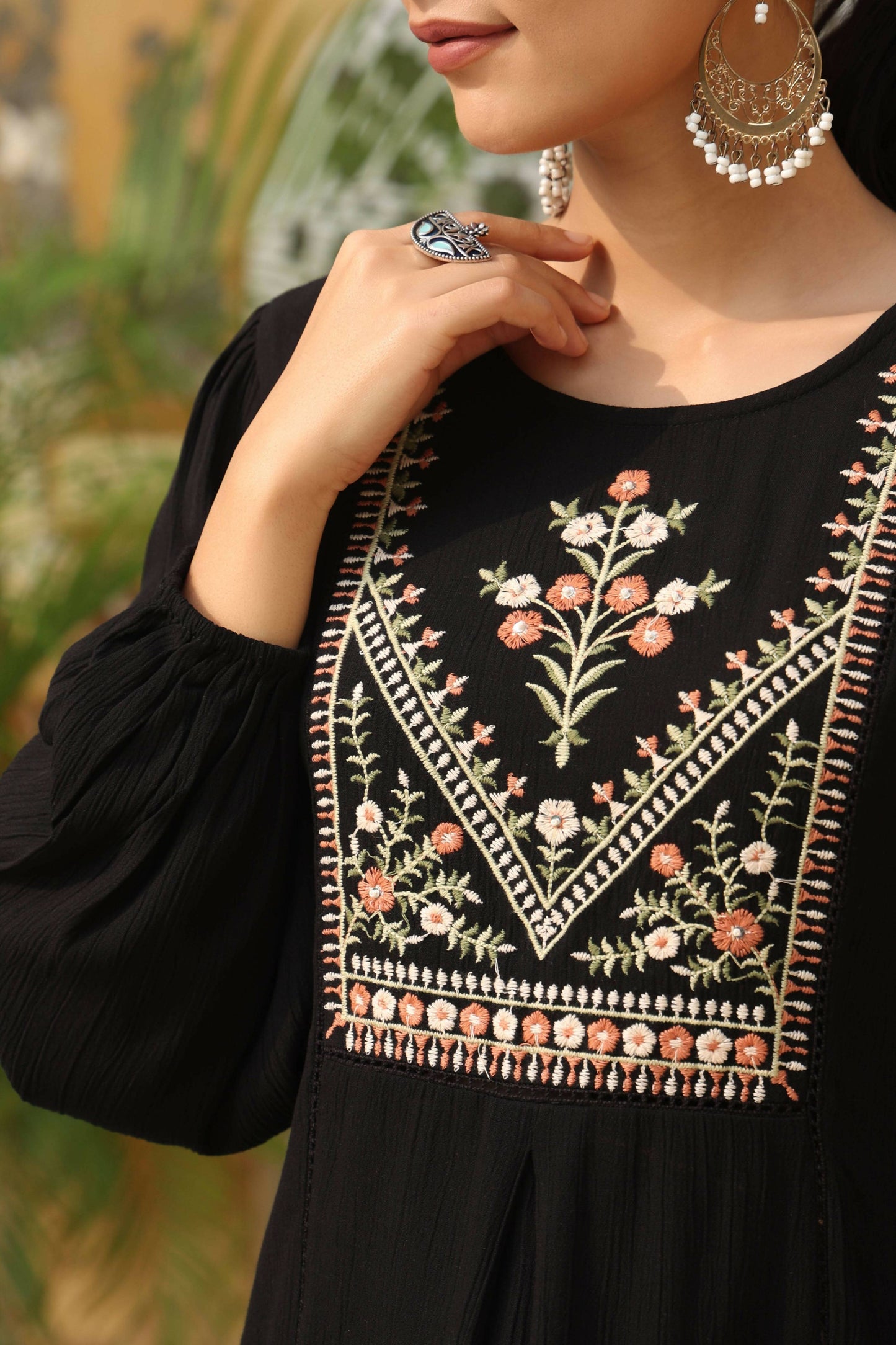 Juniper Women's Black Rayon Crepe Solid With Embroidery Straight Tunic | Swadesiicart