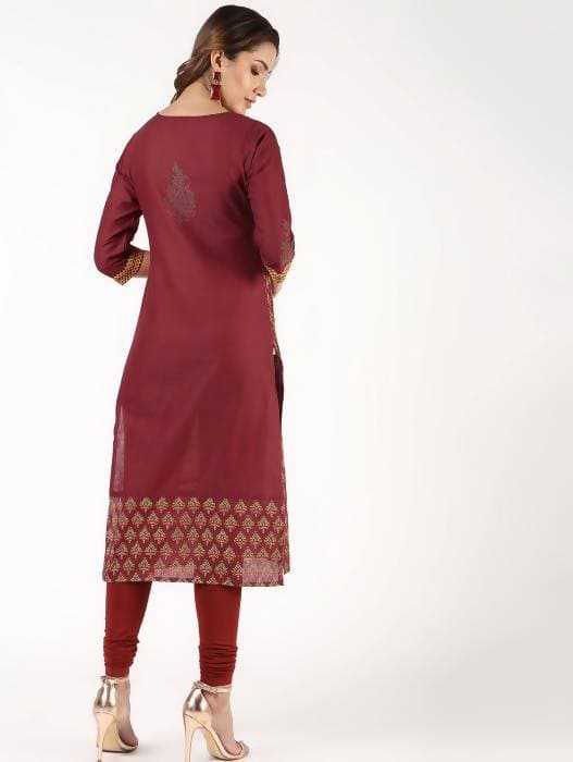 Aniyah Cotton Block Printed Maroon Straight Kurta (AN-141K) - Swadesiicart