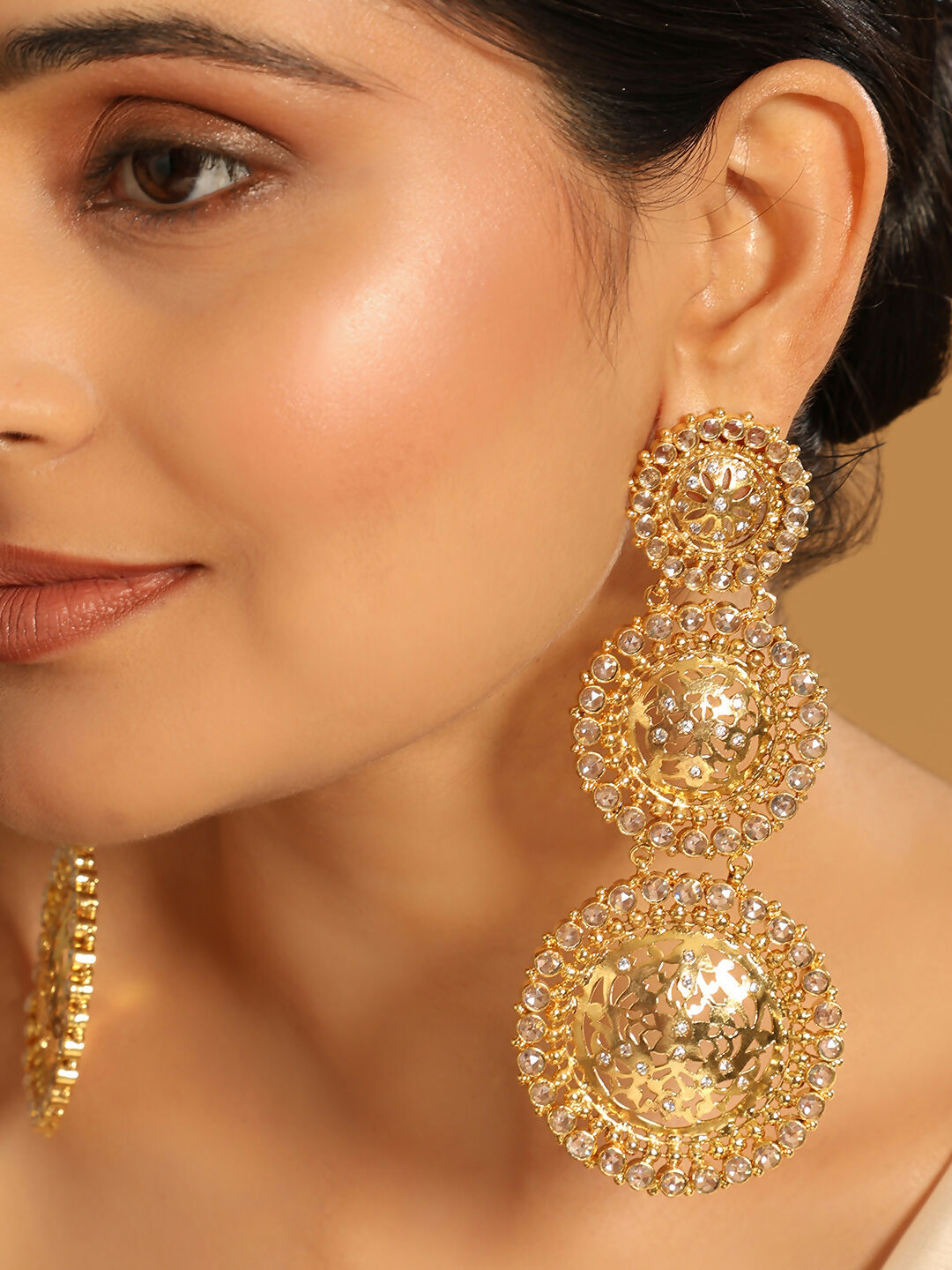 Nuyug 22K Gold Plated Stone Studded Contemporary Shaped Drop Earrings | Swadesiicart