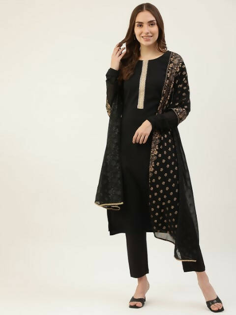 FIORRA Women's Black Poly Crepe Straight Kurta Pant With Dupatta - Swadesiicart