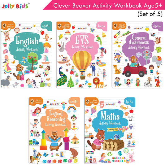 Jolly Kids Clever Beaver Ages 5-6 Years Fun Learning Activities Workbooks Set of 4| English-Maths-EVS-Good Habit-Logical Reasoning - Swadesiicart
