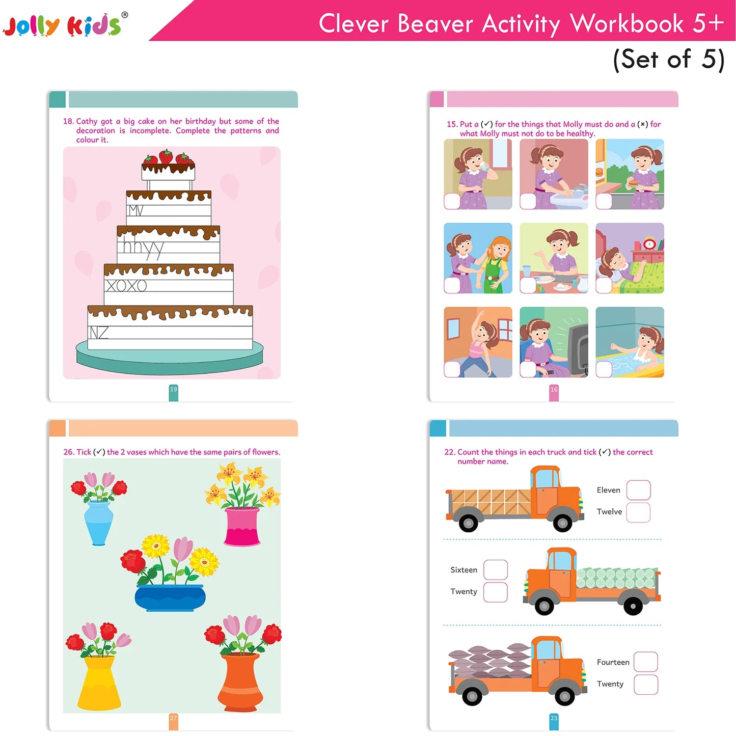 Jolly Kids Clever Beaver Ages 5-6 Years Fun Learning Activities Workbooks Set of 4| English-Maths-EVS-Good Habit-Logical Reasoning - Swadesiicart