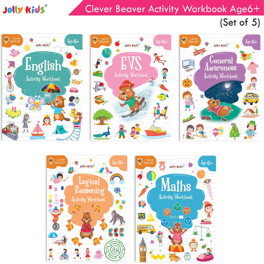 Jolly Kids Clever Beaver Ages 6-7 Years Fun Learning Activities Workbooks Set of 4| English-Maths-EVS-Good Habit-Logical Reasoning - Swadesiicart