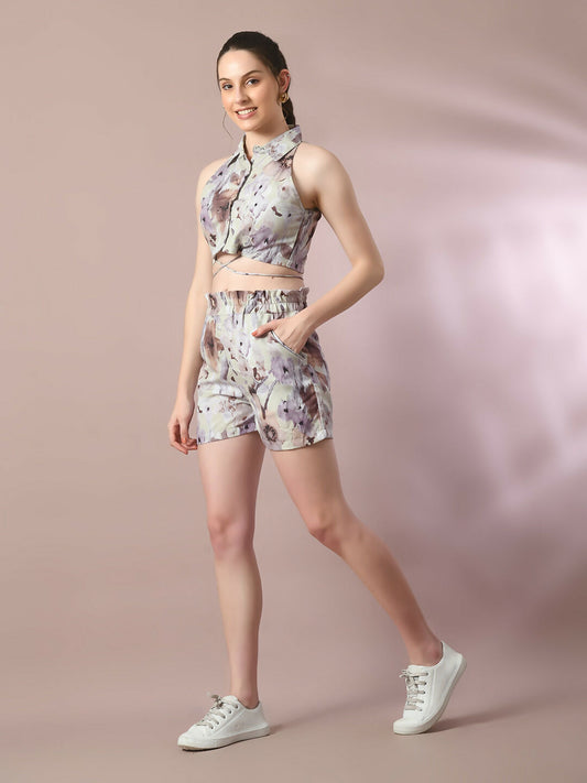 Myshka Women's Multi Printed Shirt Collar Party Top With Shorts Co-ord set - Swadesiicart