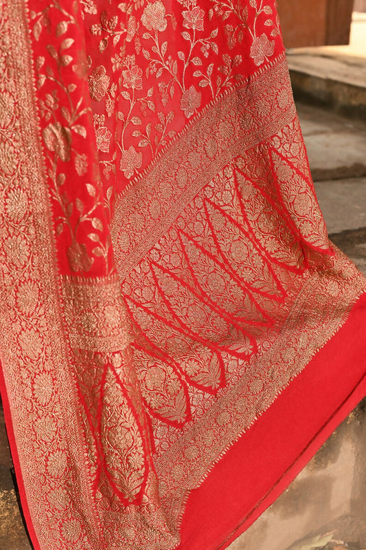 Joban Fashion Red Crepe Chiffon Banarasi Pure Handloom Banarasi Silk Saree | Swadesiicart