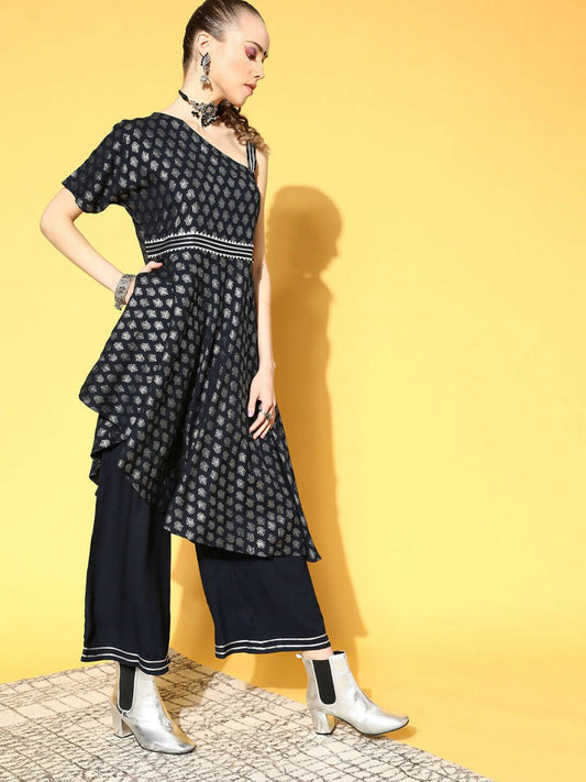 Ahalyaa Women Navy Blue Colour Rayon Silver Foil Printed Top Palazzo Set | Swadesiicart