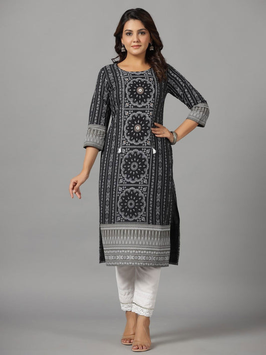 Juniper Women's Black Ethnic Motif Printed Rayon Slub Kurta With Beads & Sequins Work - Swadesiicart