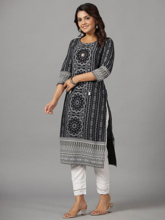 Juniper Women's Black Ethnic Motif Printed Rayon Slub Kurta With Beads & Sequins Work - Swadesiicart