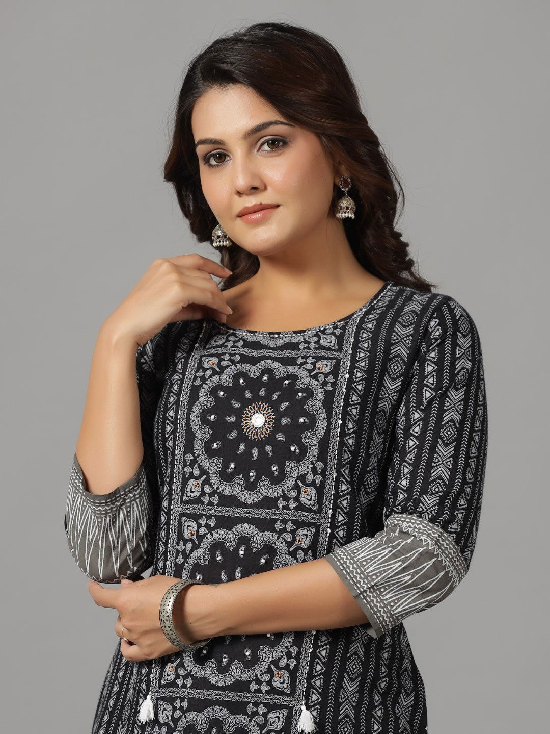 Juniper Women's Black Ethnic Motif Printed Rayon Slub Kurta With Beads & Sequins Work - Swadesiicart