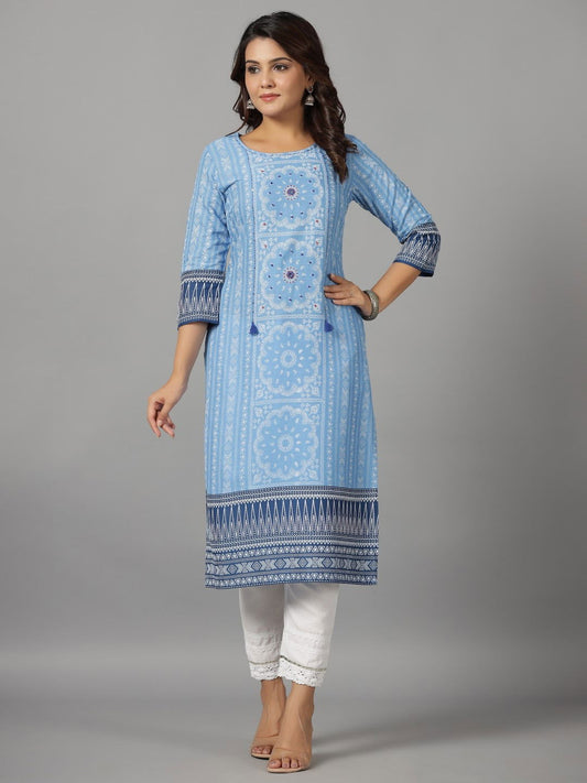 Juniper Women's Blue Ethnic Motif Printed Rayon Slub Kurta With Beads & Sequins - Swadesiicart