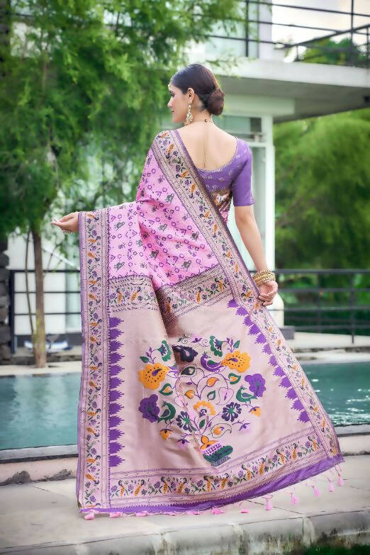 Vishnu Weaves Women's Baby Pink Paithani Patola Silk Zari Woven Saree with Unstitched Blouse - Swadesiicart