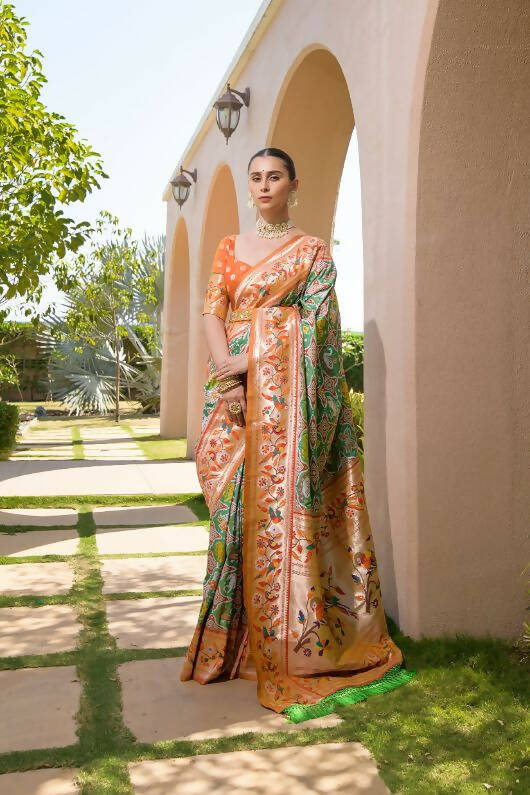 Vishnu Weaves Women's Mahendi Paithani Silk Zari Woven Saree with Unstitched Blouse - Swadesiicart