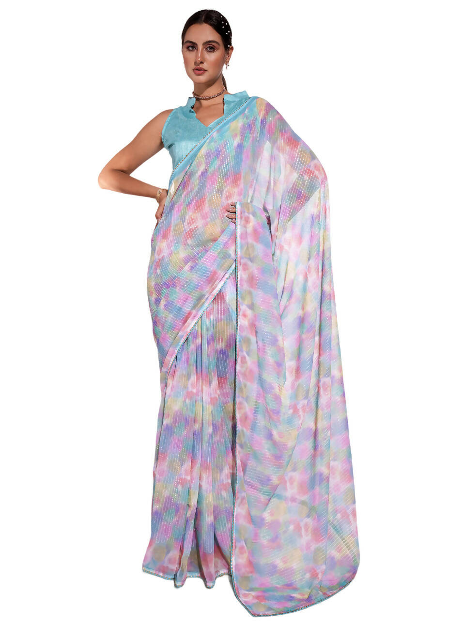 Blue Georgette Sequence Embroidery Saree With Unstitched Blouse Piece - Rajal