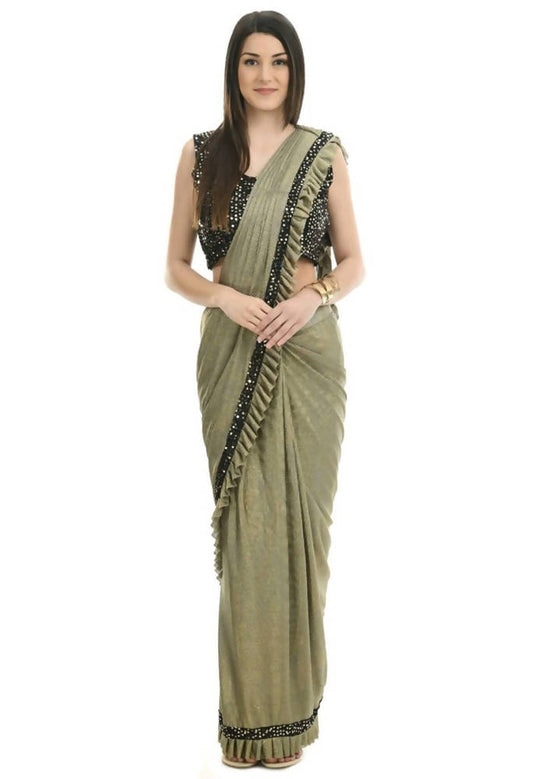 Mominos Fashion All Season Wear Olive Green And Black Ruffled With Blouse Ready To Wear Swadesiicart