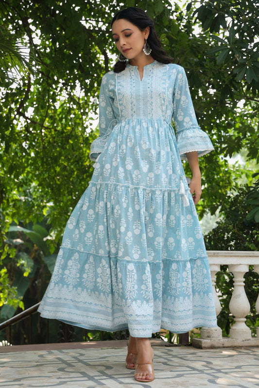 Juniper Women's Skyblue Cambric Floral Printed Maxi Tiered Dress | Swadesiicart