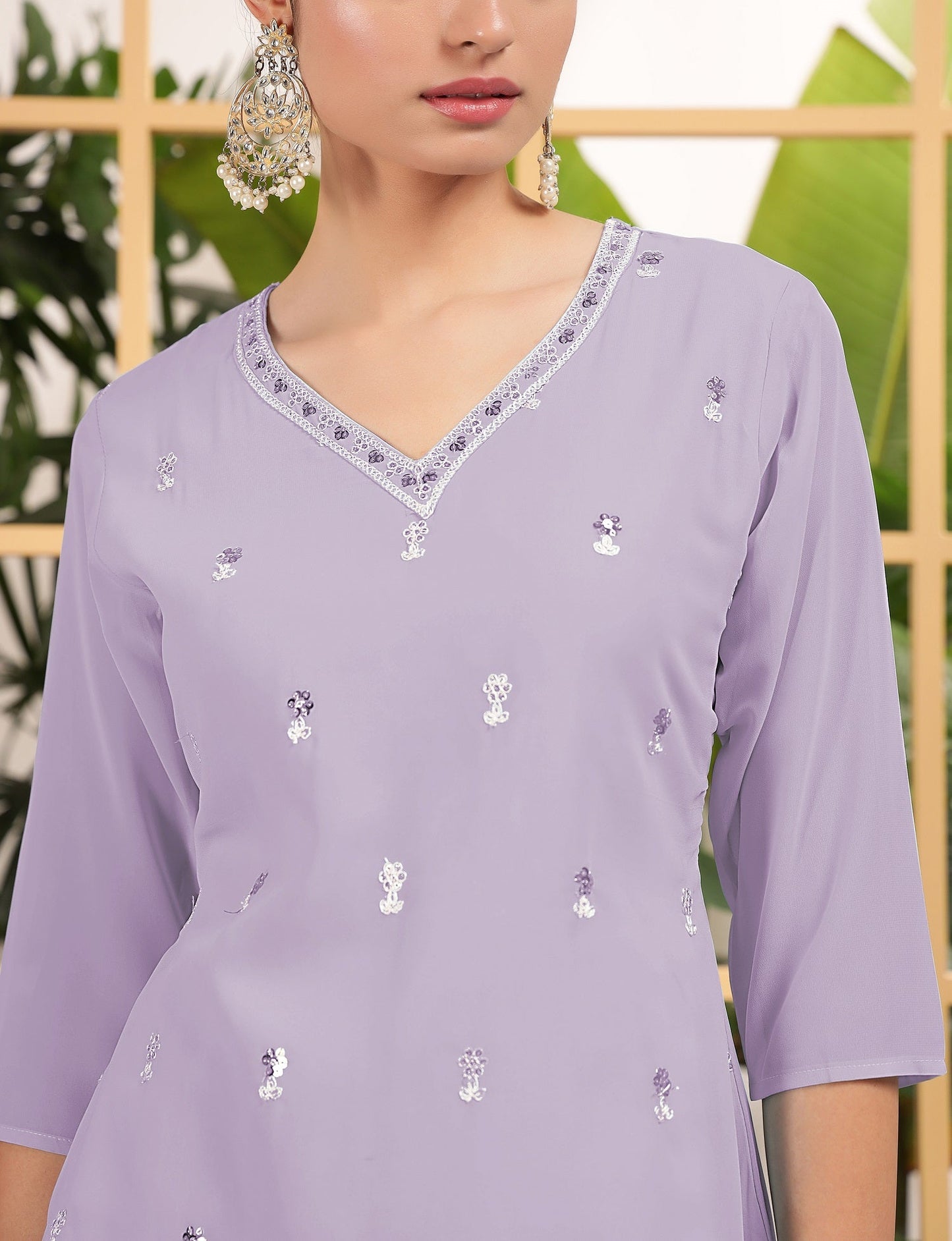 Teeya Creation Lavender Color Georgette Fabric Heavy Embroidery Work Fully Stitched Palazzo Set - Swadesiicart