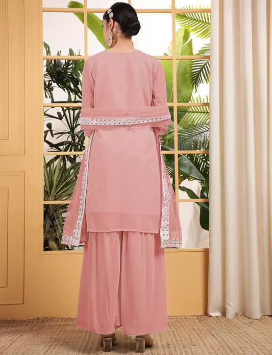 Teeya Creation Peach Color Georgette Fabric Heavy Embroidery Work Fully Stitched Palazzo Set - Swadesiicart