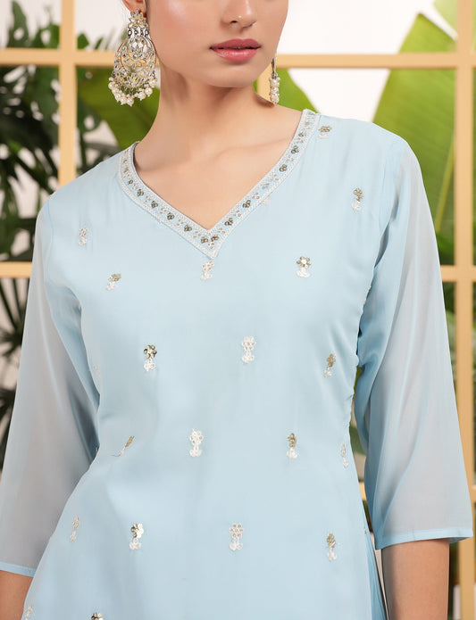Teeya Creation Sky Color Georgette Fabric Heavy Embroidery Work Fully Stitched Palazzo Set - Swadesiicart