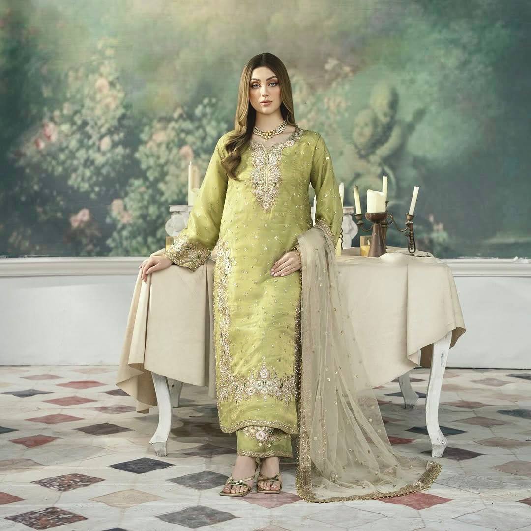 Teeya Creation Olive Color Pure Zimichhu Silk Embroidery Work Fully Stitched Palazzo Pair - Swadesiicart