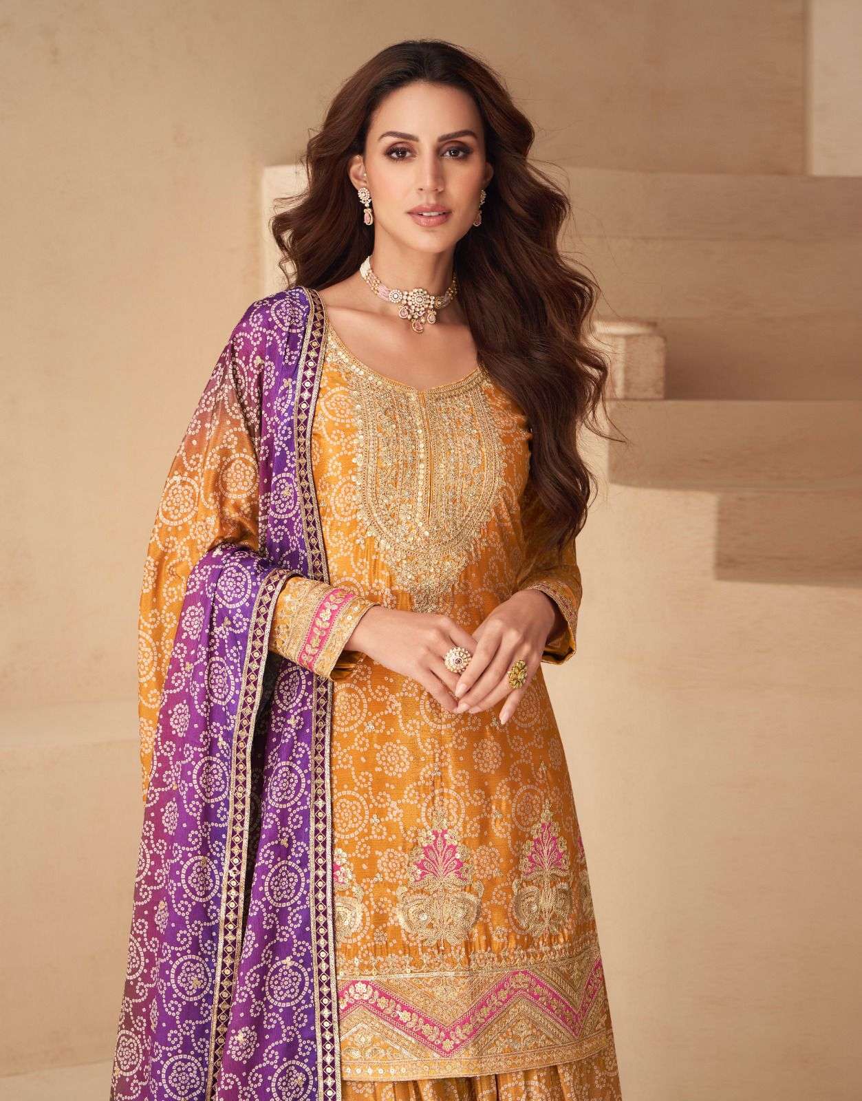 Teeya Creation Multi Color Chinnon Silk Digital Print With Embroidery Work Fully Stitched Palazzo Pair - Swadesiicart