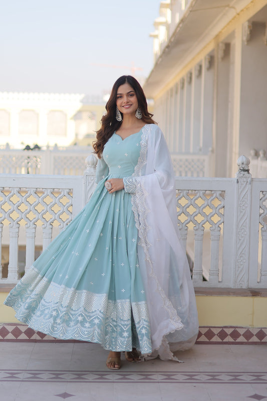 Teeya Creation Sky Blue Color Faux Georgette Embroidery And Sequence Work Fully Stitched Anarkali Gown - Swadesiicart