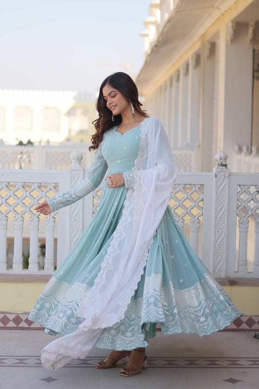 Teeya Creation Sky Blue Color Faux Georgette Embroidery And Sequence Work Fully Stitched Anarkali Gown - Swadesiicart