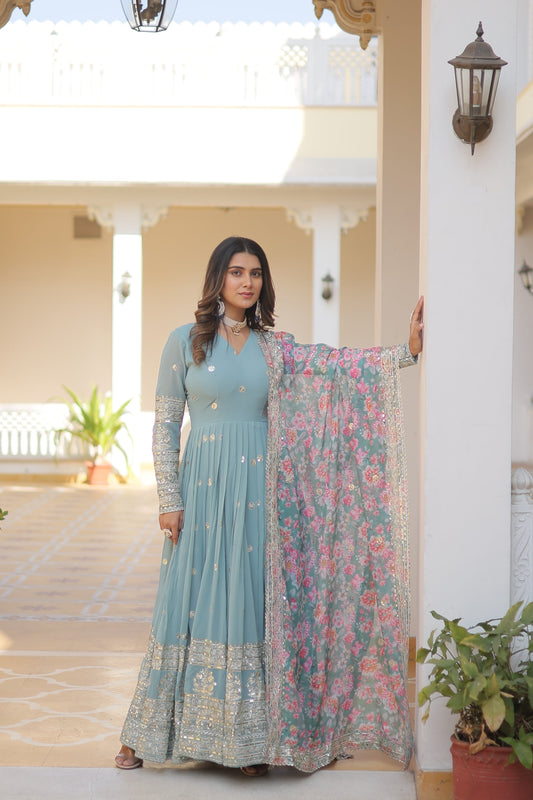 Teeya Creation Sky Color Faux Georgette Embroidery And Sequence Work Fully Stitched Anarkali Gown - Swadesiicart