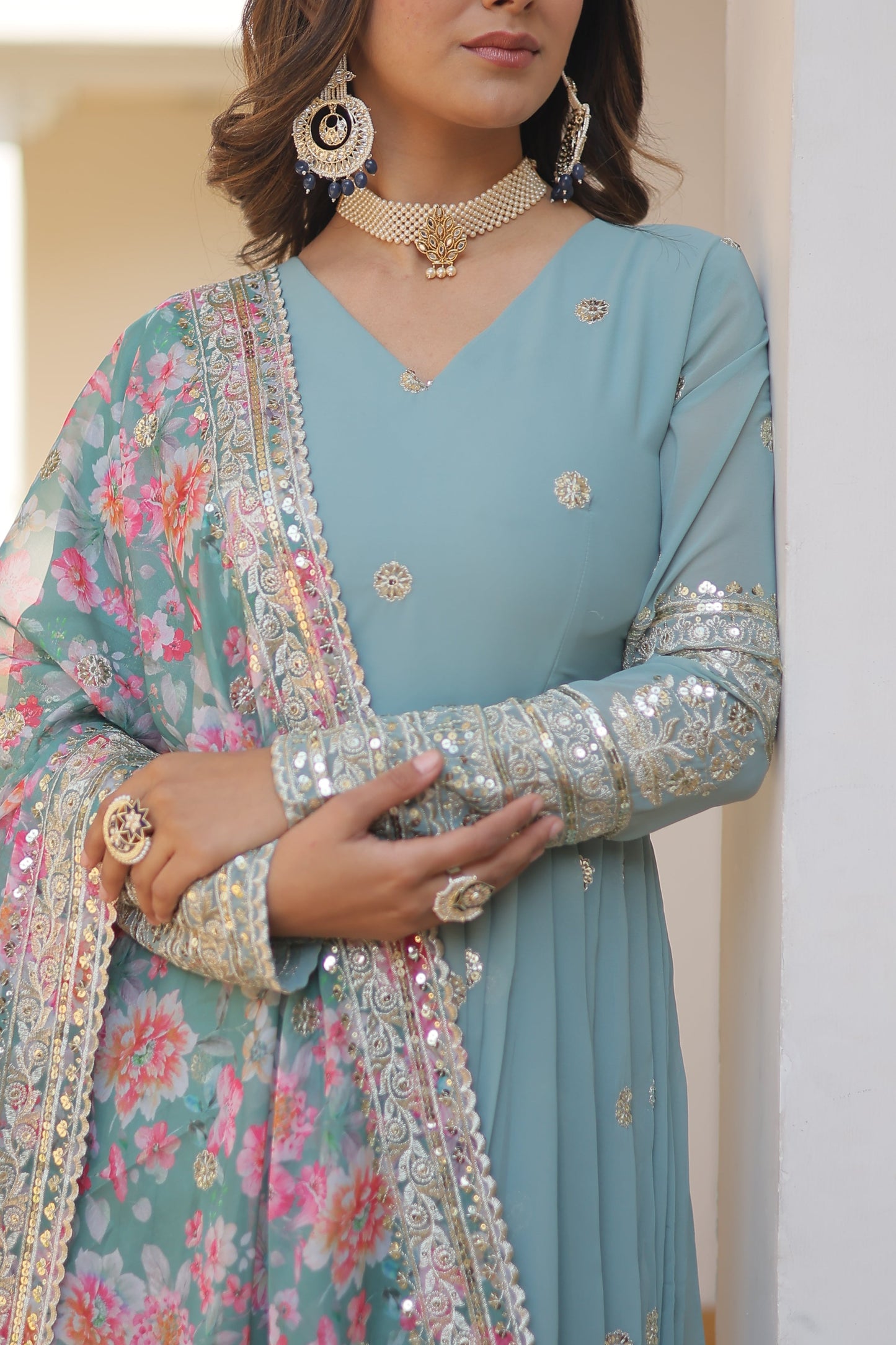 Teeya Creation Sky Color Faux Georgette Embroidery And Sequence Work Fully Stitched Anarkali Gown - Swadesiicart
