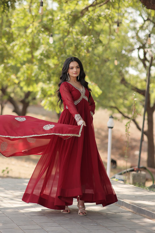 Teeya Creation Maroon Color Faux Georgette Zari Embroidery Work Fully Stitched Anarkali Gown - Swadesiicart