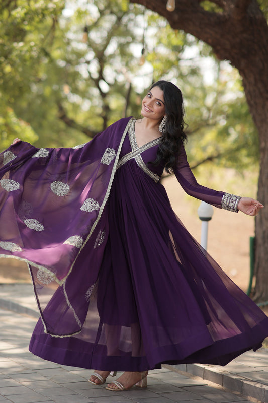Teeya Creation Purple Color Faux Georgette Zari Embroidery Work Fully Stitched Anarkali Gown - Swadesiicart