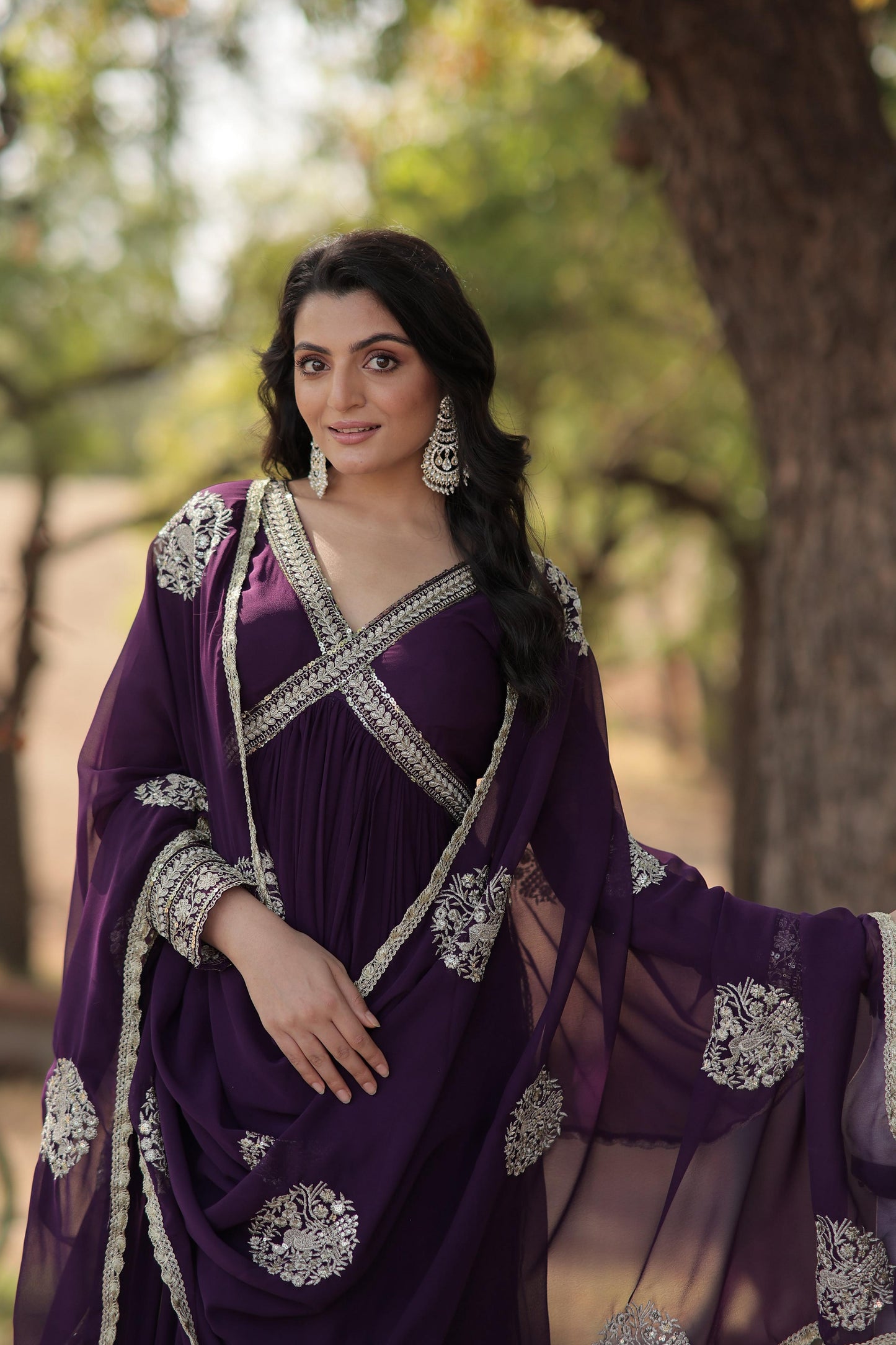 Teeya Creation Purple Color Faux Georgette Zari Embroidery Work Fully Stitched Anarkali Gown - Swadesiicart