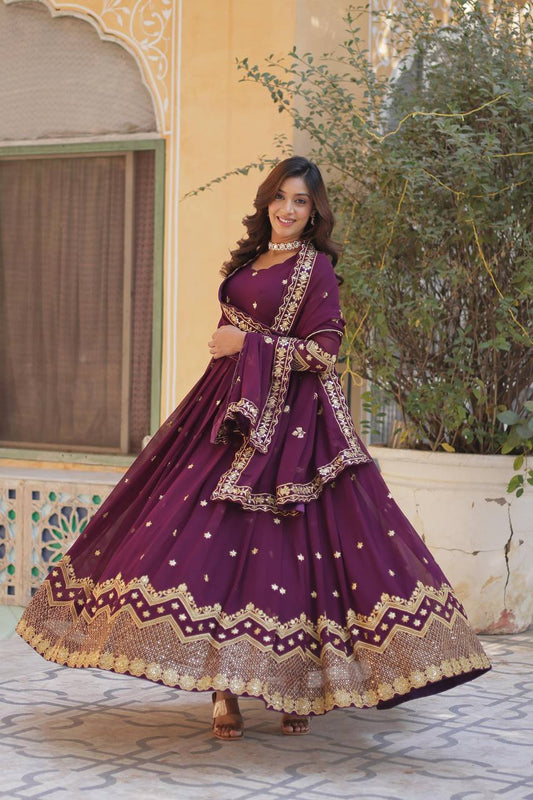 Teeya Creation Wine Color Faux Georgette Heavy Work Fully Stitched Anarkali Gown - Swadesiicart
