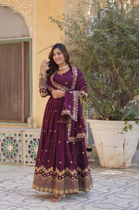 Teeya Creation Wine Color Faux Georgette Heavy Work Fully Stitched Anarkali Gown - Swadesiicart
