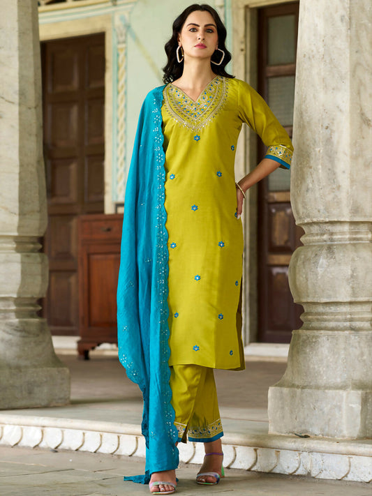 The52 Lemon Beautiful Embroidered Viscose Chanderi Fabric Straight Kurta Pant with Dupatta Set - Swadesiicart