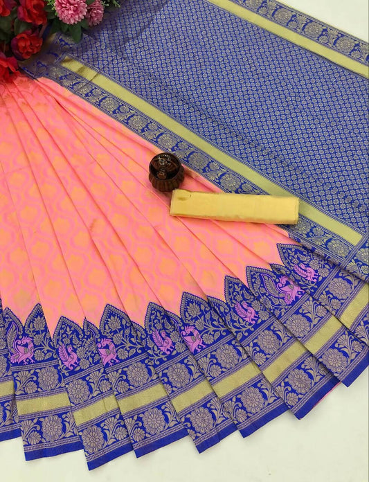 DEIANA'S Beautiful Designer Golden zari Soft Lichi Silk Saree - Peach - Swadesiicart