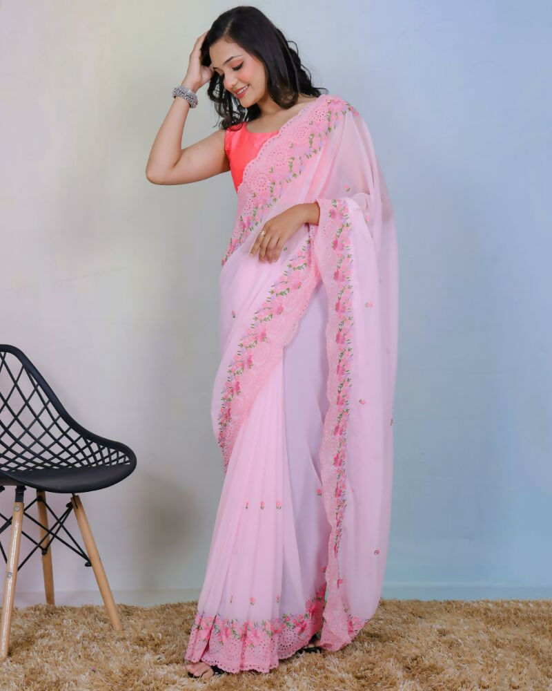 Vamsee Rashmika Baby Pink Georgette Saree - Swadesiicart
